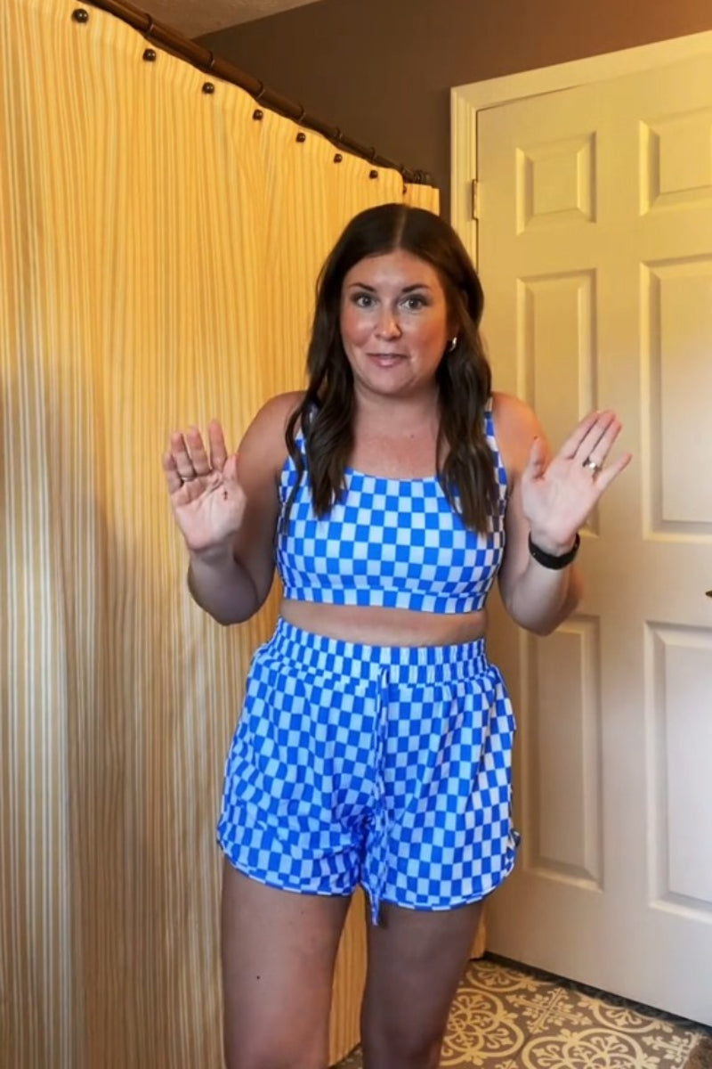 Blue Checked Adjustable Straps Chic Bikini Top with Boy Short Set