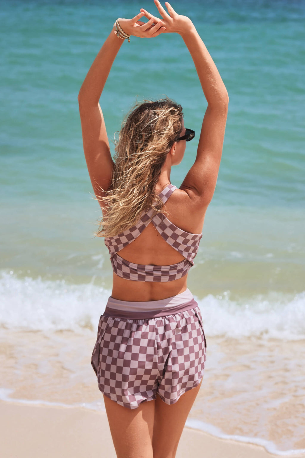 Mauve Checkered High Neck Soft Bikini Top