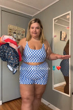Blue Checked Adjustable Straps Chic Bikini Top with Boy Short Set
