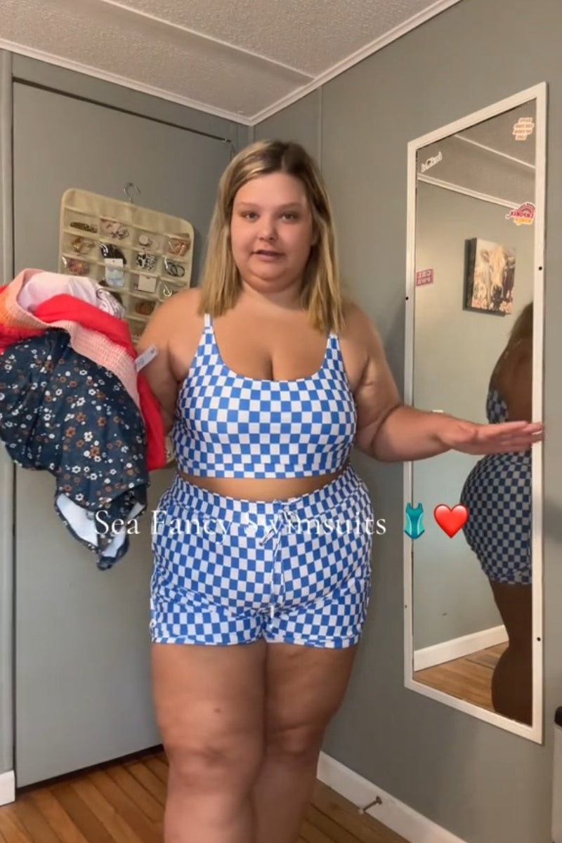 Blue Checked Adjustable Straps Chic Bikini Top with Boy Short Set