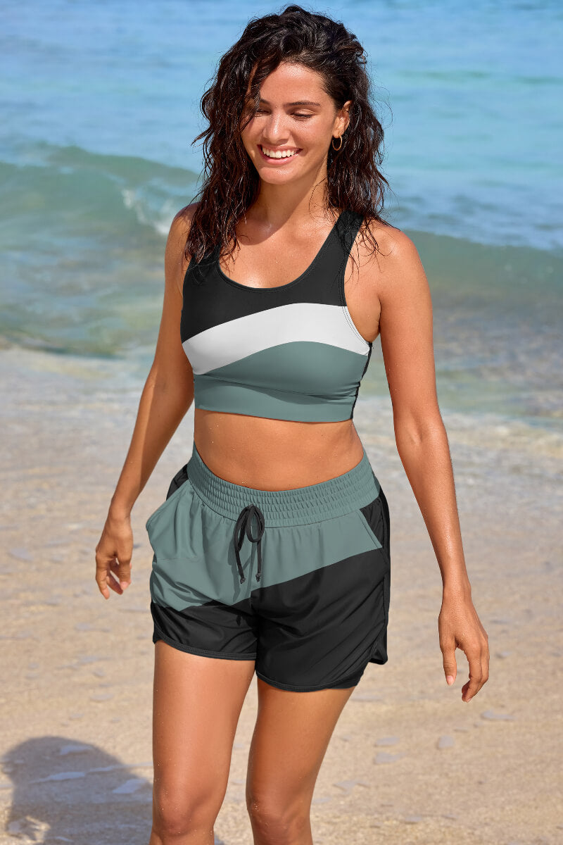 Black Colorblock Racerback Sporty Bikini Top