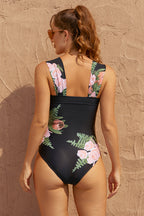 Black Floral Wide Straps Elegant One-Piece Swimsuit