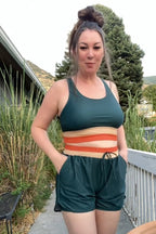 Teal Colorblock Zipper Back Sporty Bikini Top with Boy Short Set