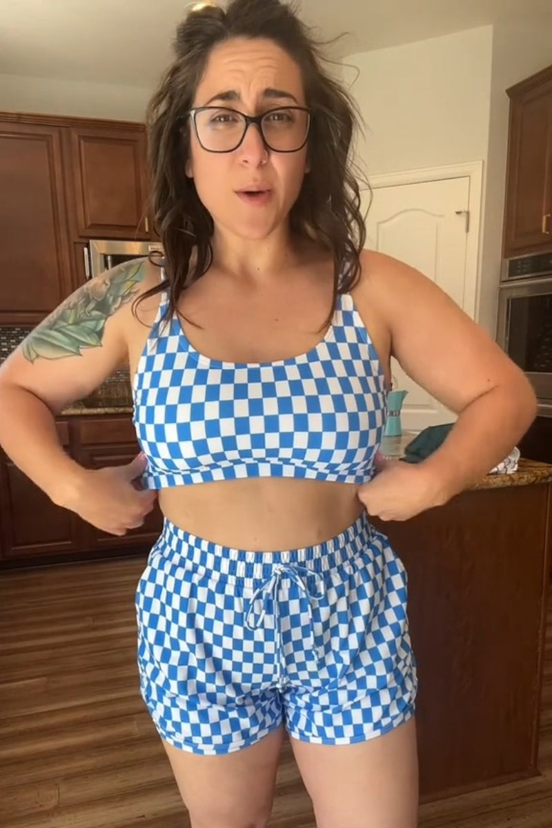 Blue Checked Adjustable Straps Chic Bikini Top with Boy Short Set