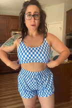 Blue Checked Adjustable Straps Chic Bikini Top with Boy Short Set