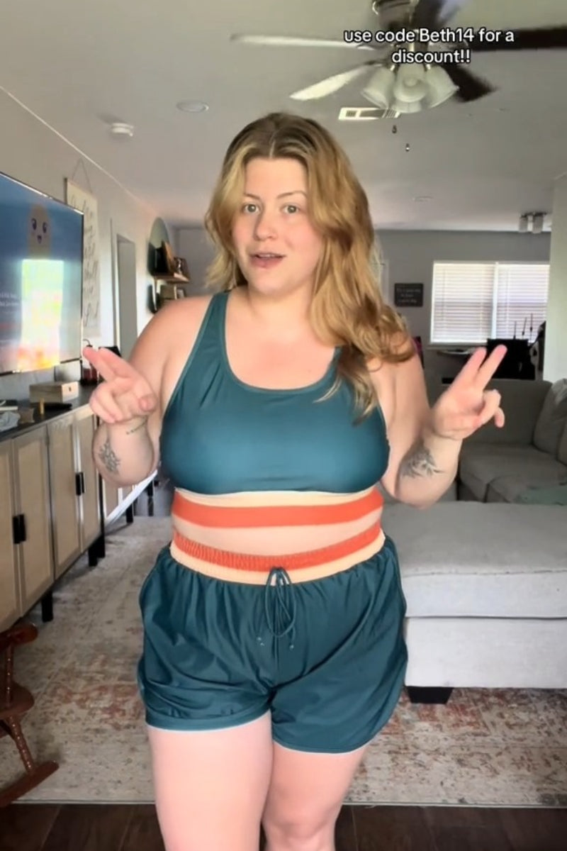 Teal Colorblock Zipper Back Sporty Bikini Top with Boy Short Set