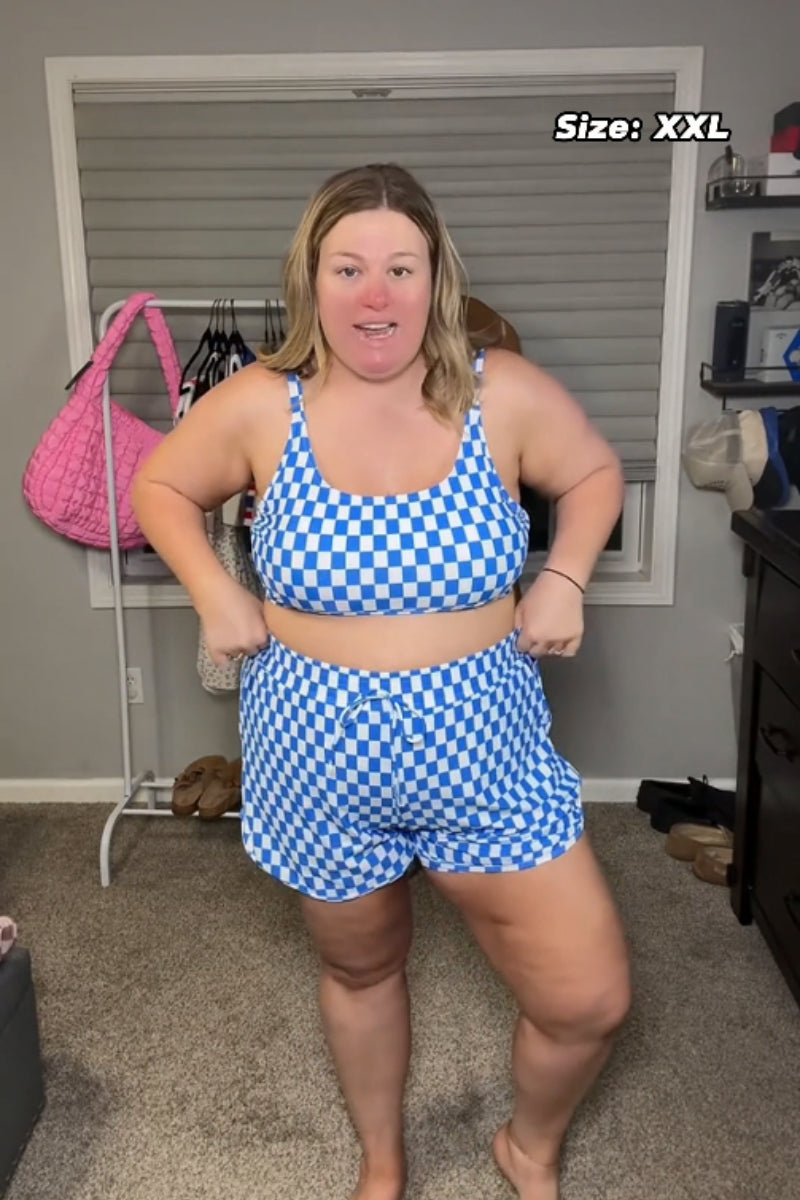 Blue Checked Adjustable Straps Chic Bikini Top with Boy Short Set