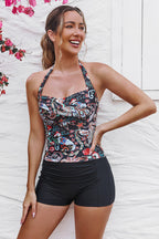 Striped & Floral Halter Straps Stylish One-Piece Swimsuit