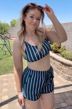 Green Striped Adjustable Straps Chic Bikini Top with Boy Short Set