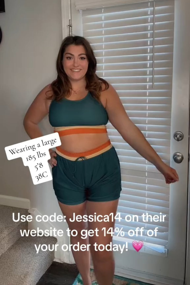 Teal Colorblock Zipper Back Sporty Bikini Top with Boy Short Set