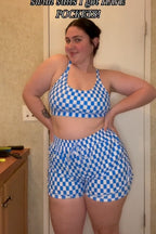 Blue Checked Adjustable Straps Chic Bikini Top with Boy Short Set