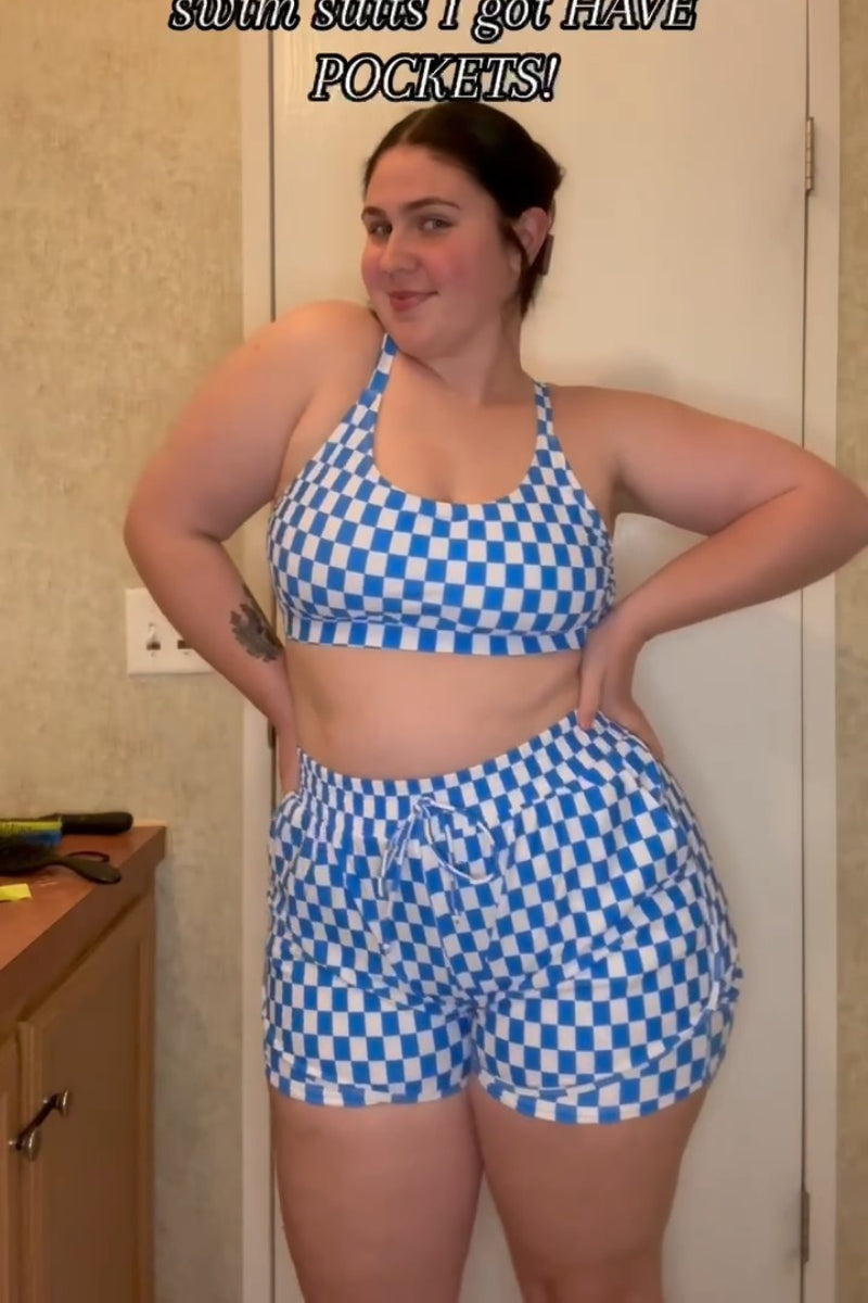Blue Checked Adjustable Straps Chic Bikini Top with Boy Short Set