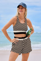 Colorful Striped Zipper Back Stylish Bikini Top with Boy Short Set