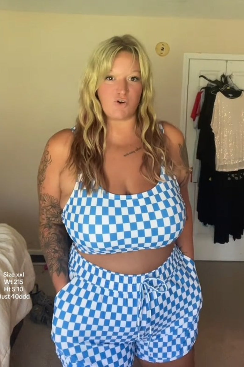 Blue Checked Adjustable Straps Chic Bikini Top with Boy Short Set