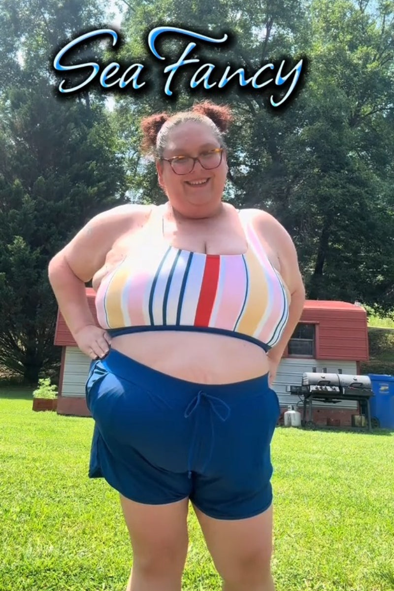 Colorful Striped Zipper Back Stylish Bikini Top with Boy Short Set