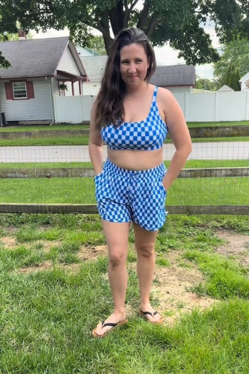 Blue Checked Adjustable Straps Chic Bikini Top with Boy Short Set