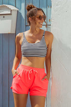 Striped Scoop Neck Charming Bikini Top with Boy Short Set