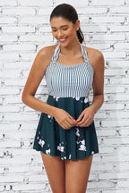 Pink Floral Halter Straps Casual Swimdress