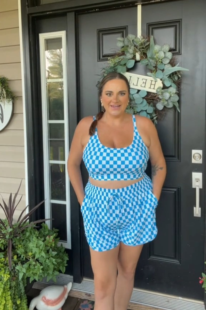 Blue Checked Adjustable Straps Chic Bikini Top with Boy Short Set