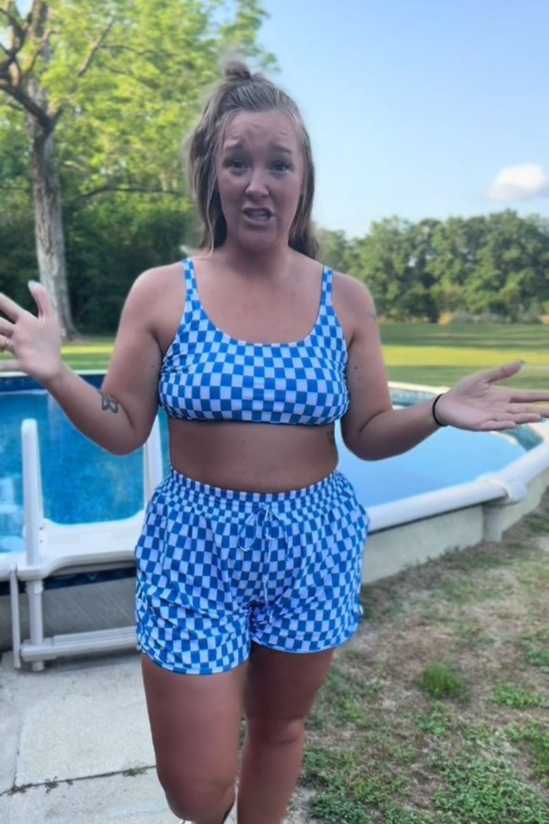 Blue Checked Adjustable Straps Chic Bikini Top with Boy Short Set