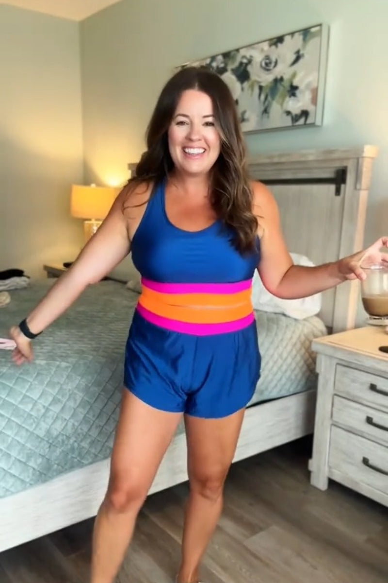 Blue Scoop Neck Racerback Sporty Bikini Top