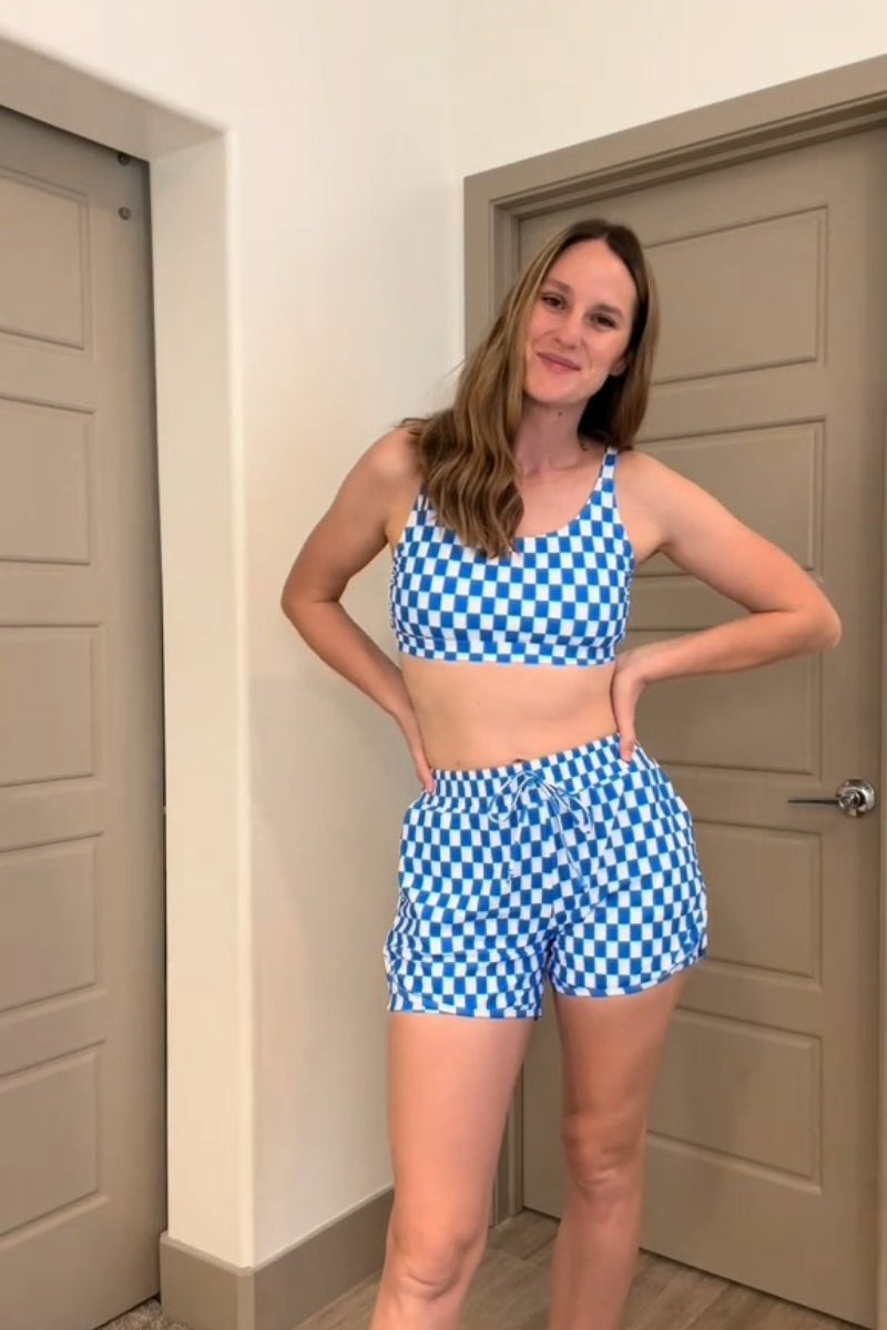 Blue Checked Adjustable Straps Chic Bikini Top with Boy Short Set