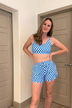Blue Checked Adjustable Straps Chic Bikini Top with Boy Short Set