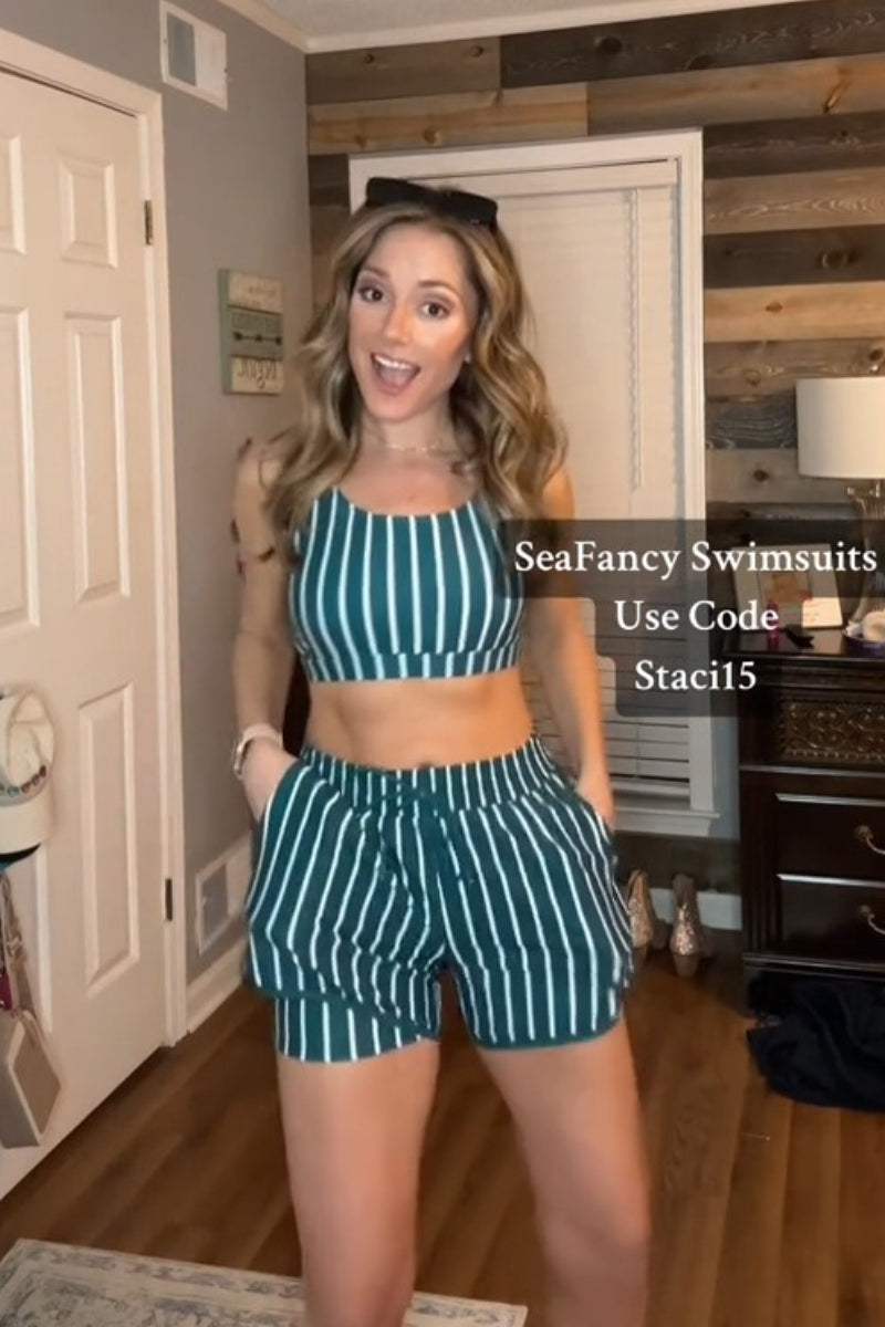 Green Striped Adjustable Straps Chic Bikini Top with Boy Short Set