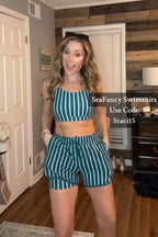 Green Striped Adjustable Straps Chic Bikini Top with Boy Short Set