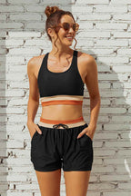 Black Colorblock Racerback Sporty Bikini Top with Boy Short Set