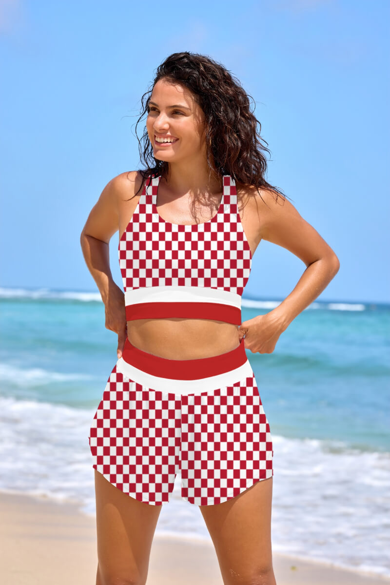 Mauve Checkered Double-Layer Athletic Shorts