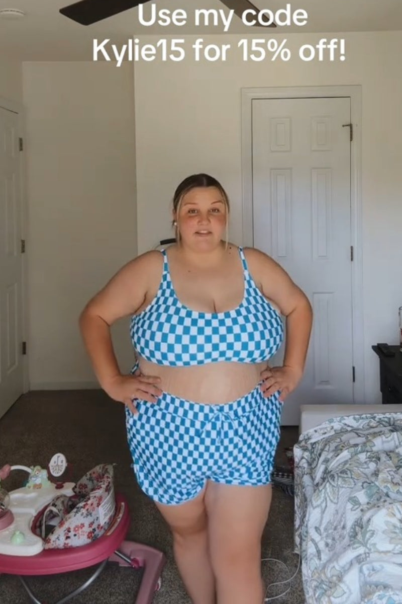 Blue Checked Adjustable Straps Chic Bikini Top with Boy Short Set