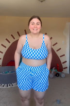 Blue Checked Adjustable Straps Chic Bikini Top with Boy Short Set