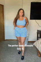 Blue Checked Adjustable Straps Chic Bikini Top with Boy Short Set