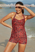 Green Floral Halter Straps Retro One-Piece Swimsuit