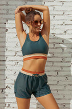 Teal Colorblock Zipper Back Sporty Bikini Top with Boy Short Set