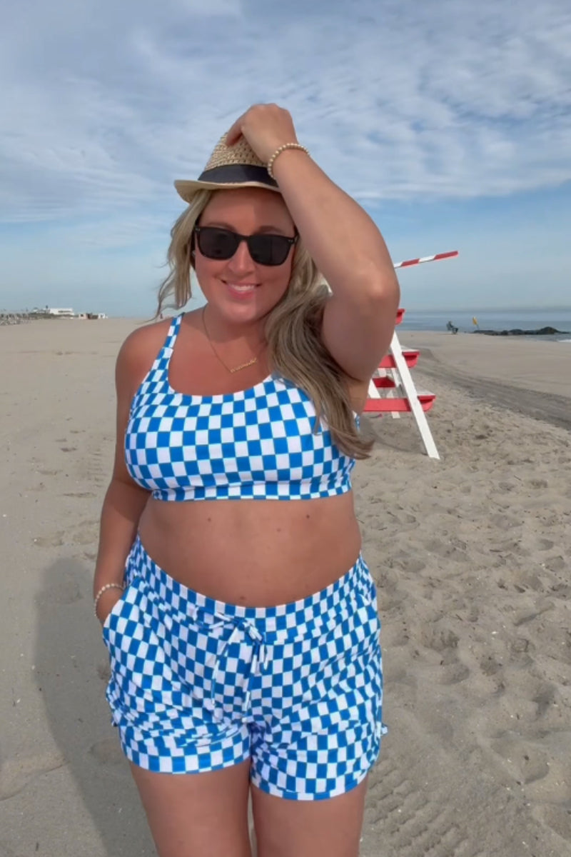 Blue Checked Adjustable Straps Chic Bikini Top with Boy Short Set