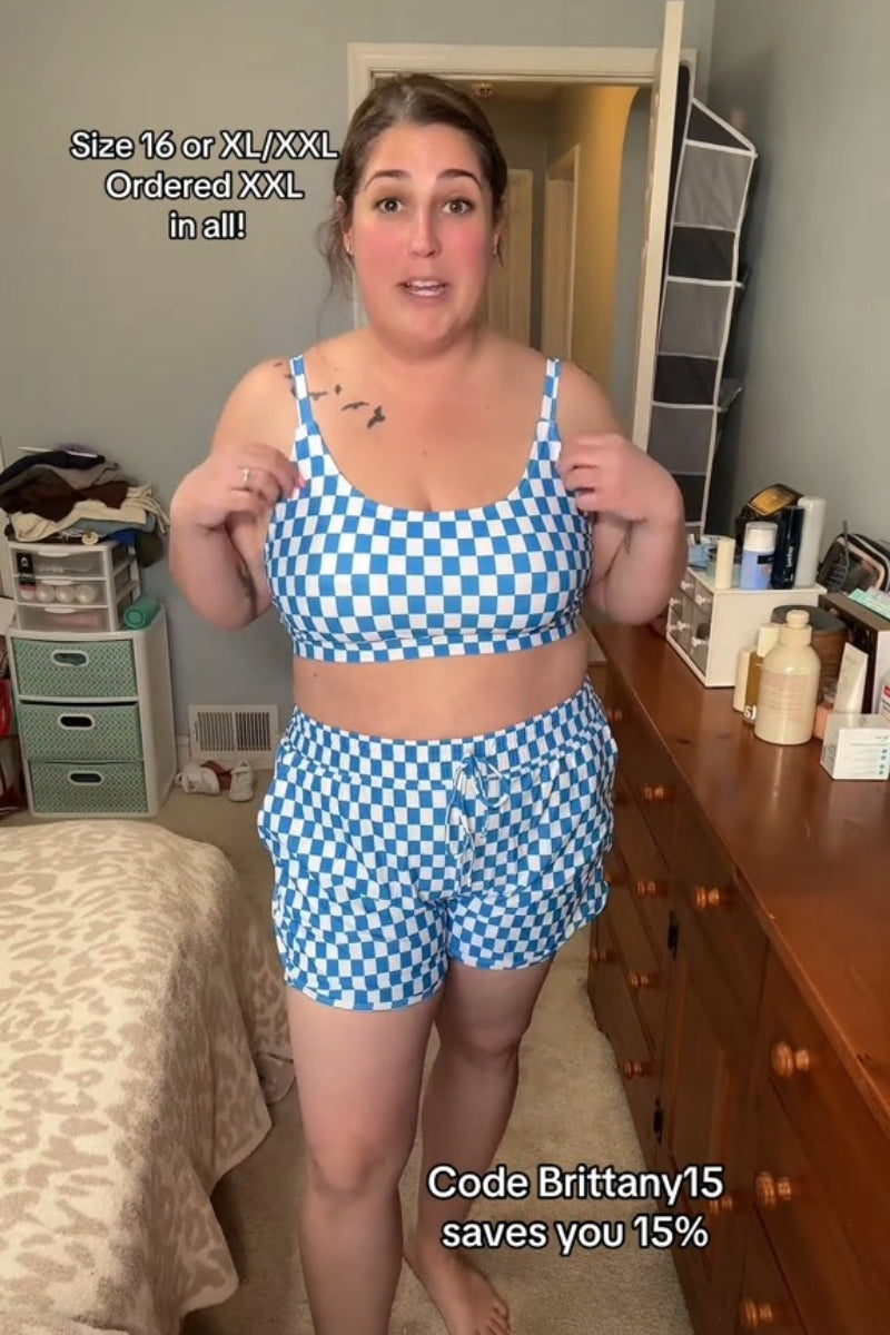 Blue Checked Adjustable Straps Chic Bikini Top with Boy Short Set