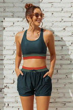 Teal Colorblock Zipper Back Sporty Bikini Top with Boy Short Set