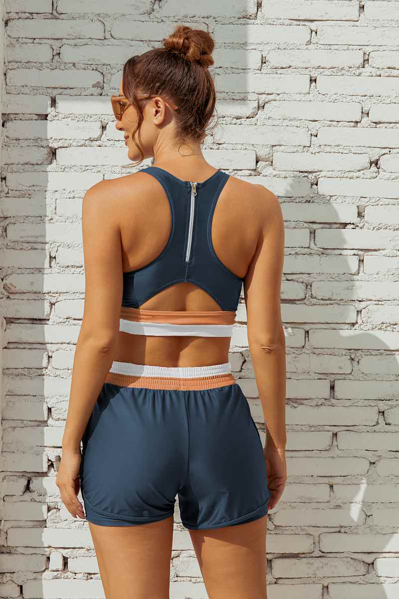 Blue Colorblock Zipper Back Stylish Bikini Top with Boy Short Set