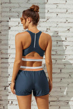 Blue Colorblock Zipper Back Stylish Bikini Top with Boy Short Set