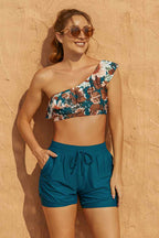 Floral Ruffled One-Shoulder Chic Bikini Top with Boy Short Set