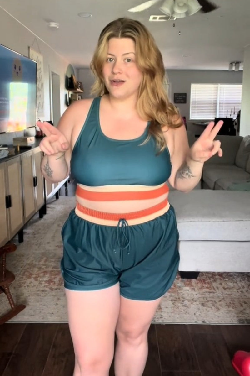 Teal Colorblock Zipper Back Sporty Bikini Top with Boy Short Set