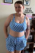 Blue Checked Adjustable Straps Chic Bikini Top with Boy Short Set