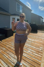 Mauve Checkered High Neck Soft Bikini Top