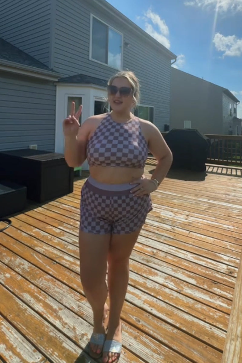 Mauve Checkered High Neck Soft Bikini Top