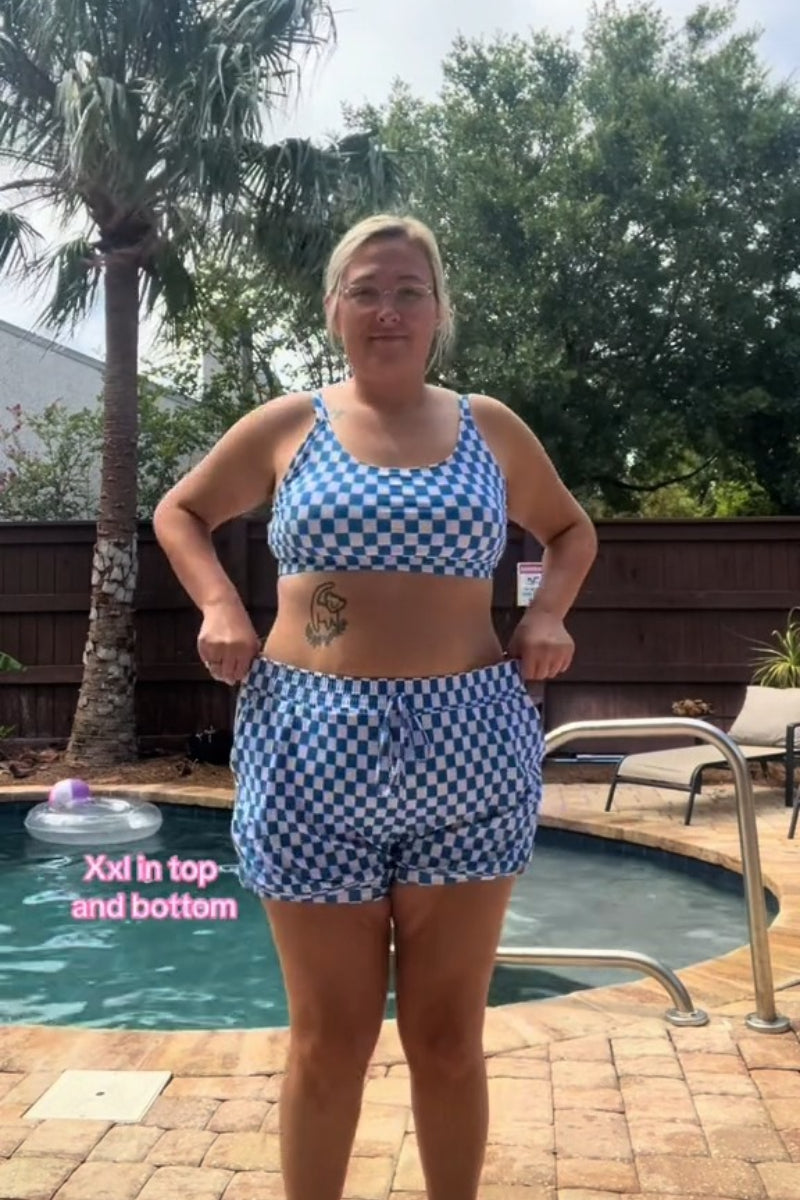 Blue Checked Adjustable Straps Chic Bikini Top with Boy Short Set