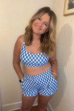 Blue Checked Adjustable Straps Chic Bikini Top with Boy Short Set