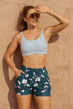 Striped Scoop Neck Charming Bikini Top with Boy Short Set