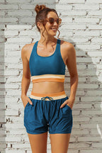 Black Colorblock Racerback Sporty Bikini Top with Boy Short Set